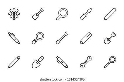 Conjunto de herramientas relacionadas con iconos de línea vectorial. Paquete de símbolos lineales premium. Ilustración vectorial aislada en un fondo blanco. Símbolos web para sitios web y aplicaciones móviles. Diseño de moda.