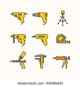 The set of the tools for the repair of apartments. Vector line icons. Instruments of masters