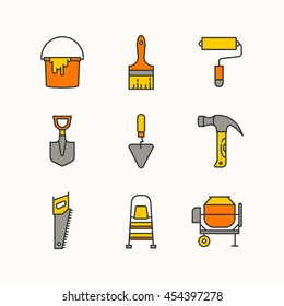 The set of the tools for the repair of apartments. Vector line icons. Instruments of masters