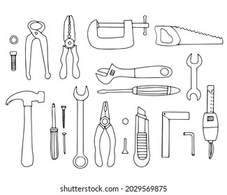 Set of tools for repair and construction. Vector elements for design. Linear hand drawing.