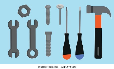 Set of tools for repair. Hammer, screwdriver, wrench, screw, bolt. Vector illustration.