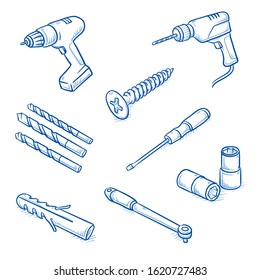 Set of tools, as screw, screwdriver, drill, wrench, dowel and keg socket. Hand drawn line art cartoon vector illustration.