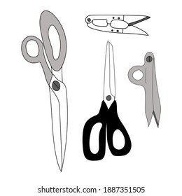 
Set of tools for seamstresses, a collection of scissors and tongs for trimming threads, vector image in doodle style, hand draw, isolate on a white background.