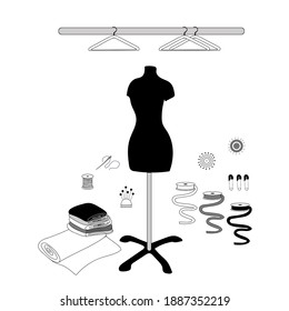 
Set of tools for seamstresses, mannequin scrolls of fabric and a set of hangers, pins and pins, colored ribbons for sewing, vector image in doodle style, hand draw, isolate on a white background.