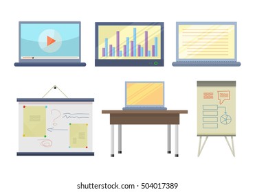 Set of tools for seminar and lecture illustration. Flat design. Notebook, laptop, multimedia screen, board, table, computer, clip chart vectors for educational concepts. Isolated on white background.