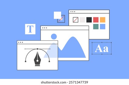 Set of tools and settings for graphic. Graphic design concept. Flat vector illustration on blue background.