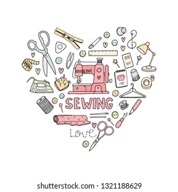 Set of tools for sewing collected in the form of a heart drawn icons vector illustration in gentle pastel colors on the theme of sewing as a hobby