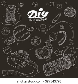 Set of tools for sewing and crafts. Hand drawn vector illustration.