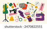 Set of tools for sewing and embroidery. Cartoon tailor