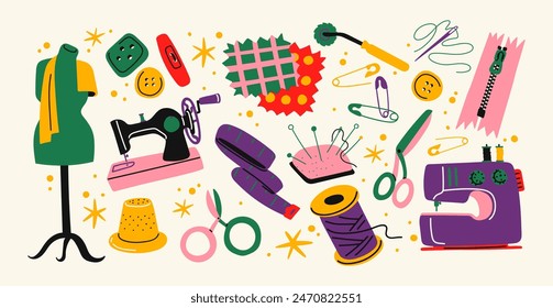 Set of tools for sewing and embroidery. Cartoon tailor's supplies, sewing equipment for handicrafts and textiles. Threads, sewing machines, scissors, pins. Doodle handicraft workshop stickers