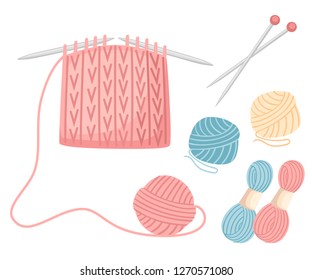 Set tools for sewing knitting needles. Balls of yarn, wool colorful illustration. Knitting process. Flat vector illustration on white background.