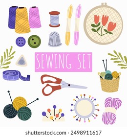 Set of tools for sewing, needlework, knitting. Kit set with scissors, hoop, bucket, spools, threads, measuring, shears, mannequin. Vector illustration hand drawn.