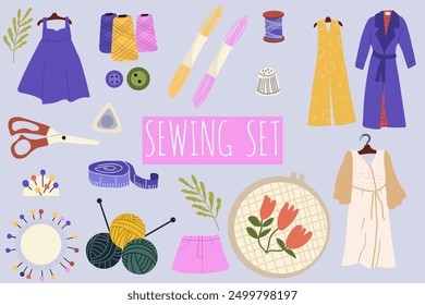 Set of tools for sewing, needlework, knitting. Set with scissors, hoop, bucket, spools, thread, measure, scissors, mannequin, clothes on hangers. Vector illustration is hand drawn.