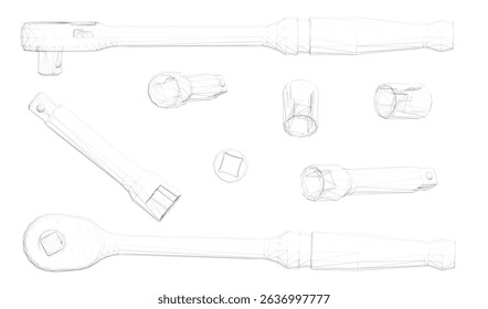 A set of tools are shown in a row, with a white background. The tools include a wrench, pliers, and a screwdriver. Concept of organization and order, as the tools are neatly arranged in a row