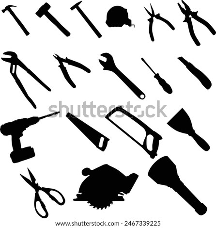 set of tools silhouettes illustration. Essential tools in black color. Home repair toolkit. Industrial toolset for building.