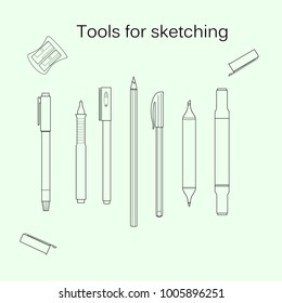 Set of tools for sketching. Marker, pencil, liner, white gel pen, highlighter, sharpener.Line art