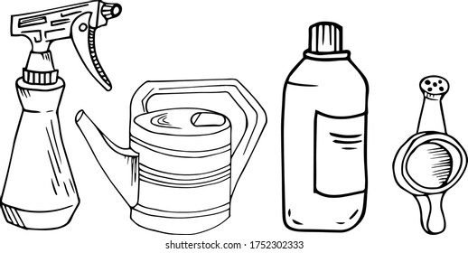 Ein Set von Werkzeugen zum Spritzen und Bewässern von Pflanzen im Garten. Alles zum Gartenbau. Ziehendes Doodlen. Handbuch der linearen Zeichnung. Vektorgrafik