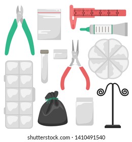 Set of tools and storage containers for handmade jewelry. Pliers, glue. Creation of handmade jewelry. 