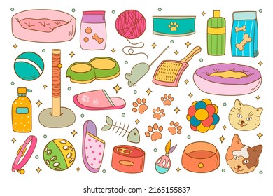 Set of tools and stuff for keeping cat pet at home. Doodle toys, house, food and equipment for kitten care isolated on white background. Vector illustration