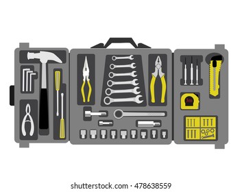 Set of tools in a suitcase for auto repair, plumbing and construction work.vector illustration