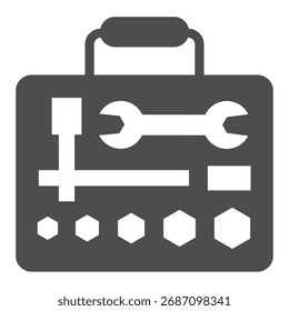 Set of tools in suitcase solid icon, car repair concept. Vector graphics. Mechanician tools sign on white background, glyph style icon for mobile or web design