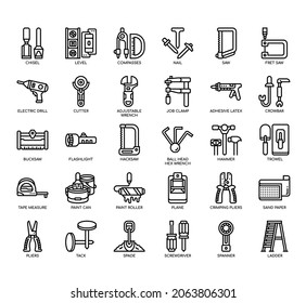 Set of tools supplies thin line icons for any web and app project. 