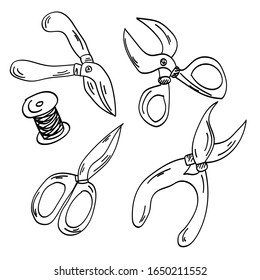 Set tools and things for growing plants. Freehand outlines of isolated elements on a white background. Vector illustration. 
