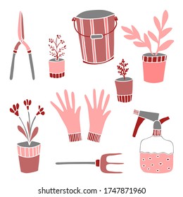 Set tools and things for growing plants. Vector isolated elements on a white background. Doodle gloves, bucket, scissors, fork, plant pots, spray bottle.