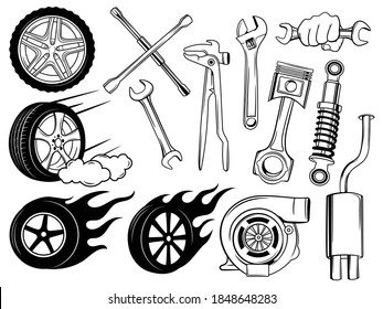 Set of tools for tire fitting. Silhouette collection equipment for car repair. Auto parts. Vector illustration on a bleached background.
