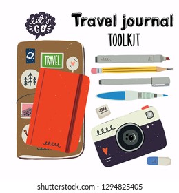 Set tools for urban sketching  Travel journaling essentials    sketchbook in cover  water brush  pencil  eraser  liner  brush pen  marker  Cartoon vector icons isolated   easy to use 