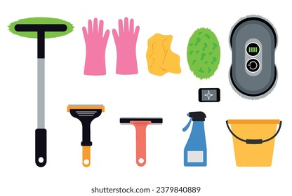 A set of tools for washing windows, a scraper of different types and sizes, a bucket, a spray, gloves, a robot window cleaner. Vector illustration.