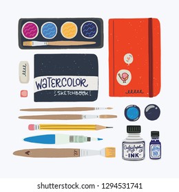 Set of tools for watercolor sketching. Travel journaling essentials - sketchbook in cover, water brush, palette, pencil, eraser, liner, brush pen, marker. Flat style vector illustrations.