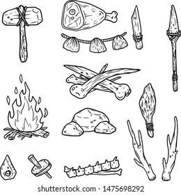 Set Of Tools And Weapons Caveman. Prehistoric Items. Stone Axe, Hammer, Fire, Bones, Mammoth Tusks, Club, Spear On Stick, Knife, Raw Meat, Necklace. Black And White Sketch Cartoon Illustration