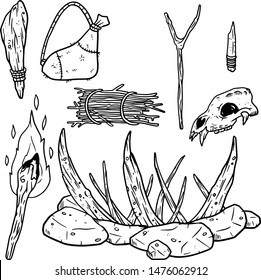 Set of tools and weapons caveman. Prehistoric items. Club, skin, stick, skull, torch, fork, knife, trap a mammoth. Black and white sketch cartoon illustration