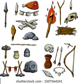 Set of tools and weapons caveman. Stone axe, hammer, fire, bones, mammoth tusks, club, spear on stick, knife, raw meat, necklace. Sketch cartoon illustration. Prehistoric items