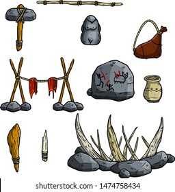 Set of tools and weapons of primitive man. Stone hammer, club, totem, statue, raw meat, mammoth trap, skin, bone knife. Lifestyle of the caveman.