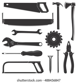 Set of tools for wood, metal and other construction work isolated on white background. Vintage illustration