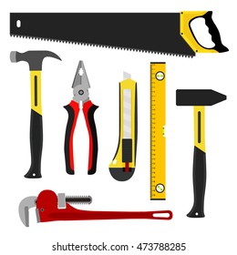 Set of tools, worker kit. Construction items in flat style. Isolated saw, hammers, wrench, knife and mason's level or spirit level.