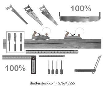 set of tools for working with wood. has a plane, hacksaw, chisel, ruler, square, drill bits.