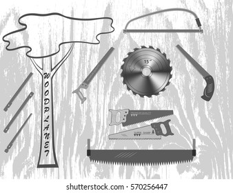 set of tools for working with wood. ie, a hacksaw, saw blade and small saws