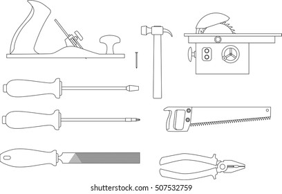 Set of tools for working with wood: Planer, screwdrivers, hacksaw, pliers, circular saw, a hammer, a file. Sketches of of vector icons.
