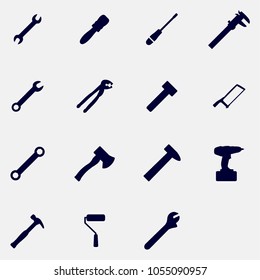 set of tools wrench, hammer, screwdriver, saw, axe, drill, key icons vector set
