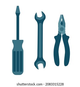 A set of tools: wrench, pliers, screwdriver. Vector image in a flat style for web design on a white background.