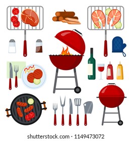 Set of tools,food and drinks for barbecue party on white background.