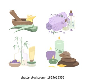 Set of Tools,Spa Procedures Care.Glass bottles with organic beauty product,aloe,hot stones,lavender towel,serum essences,candle for wellness salon.Flat vector illustration isolated on white background