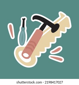 Set of tools.Vector stickers in doodle flat cartoon style. Repair, worker, building, interior renovation. Hammer, screwdriver, saw.