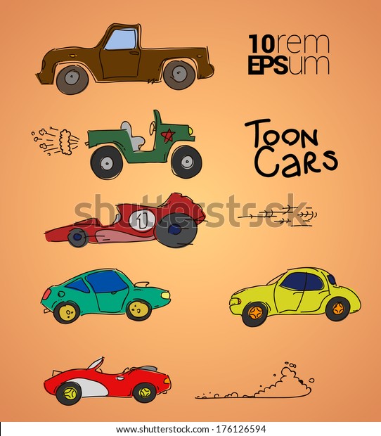 Set or toons cars with whoosh elements.\
Cartoon cars. Car icon. Racer car. Sport car. Speed car. Pickup\
car. Cartoon elements. Doodle car. Car icons.Vector car.Sketch\
car.Car set.Vector\
illustration.