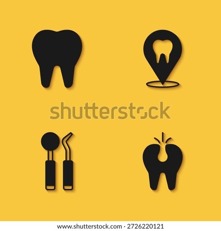 Set Tooth, Broken tooth, Dental mirror and probe and clinic location icon with long shadow. Vector