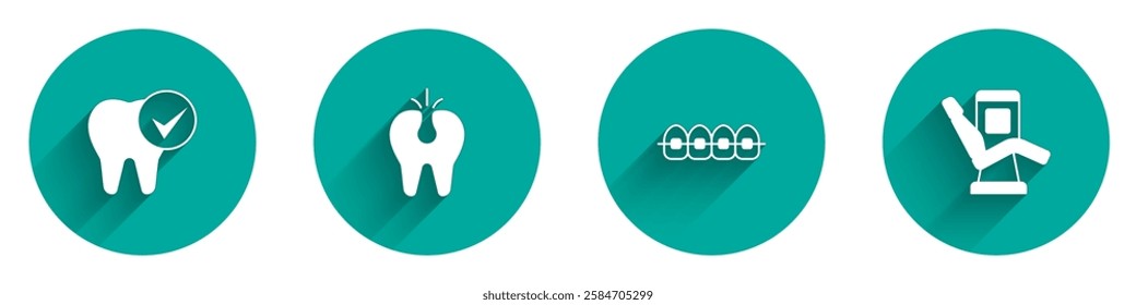Set Tooth, Broken tooth, Teeth with braces and Medical dental chair icon with long shadow. Vector