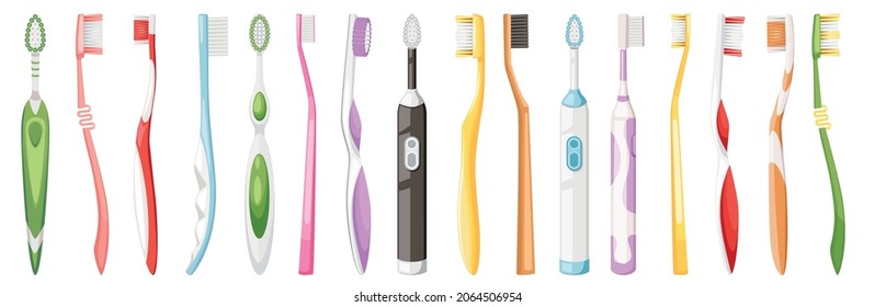 Set of Tooth Brushes, Electric and Common Toothbrushes Dental Care Icons. Clean Mouth Home Equipment, Oral Hygiene Individual Tools Collection Isolated on White Background. Cartoon Vector Illustration